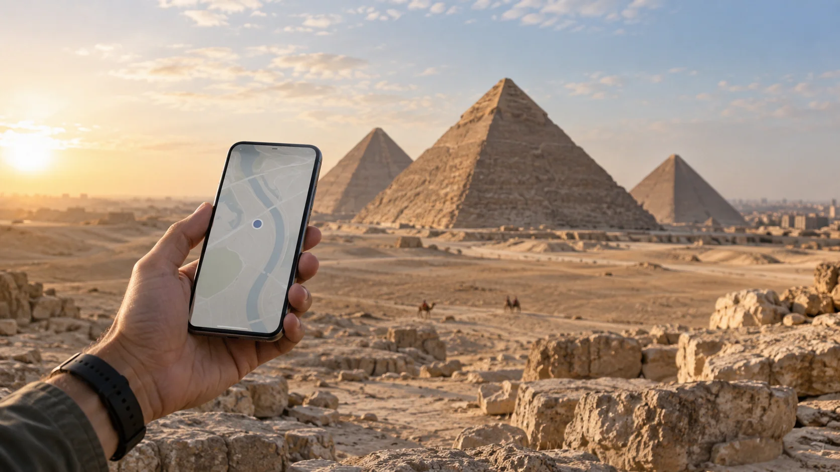 Ein Reisender betrachtet eine Karte auf dem Smartphone vor den Pyramiden von Gizeh