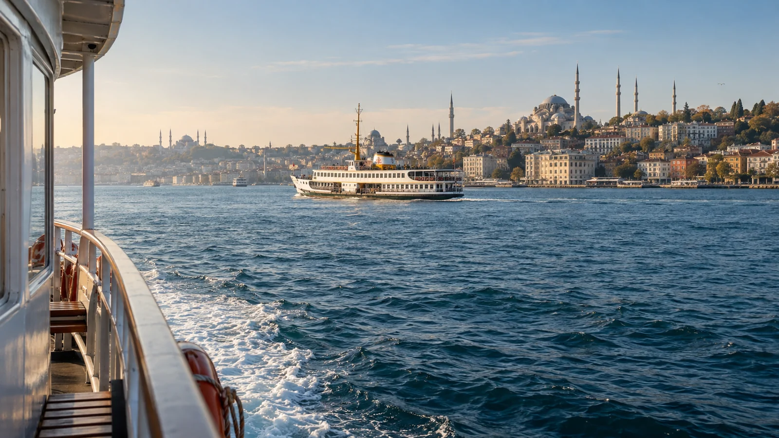 Mavi sular üzerinde ilerleyen vapur ve kıyıdaki şehir silueti